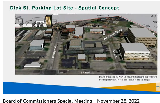 A rendering shows what a multi-purpose event center would look like between Gillespie Street, Otis Jones Parkway, E. Russell Street and Dick Street in downtown Fayetteville.