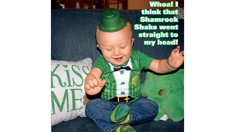 St. Patrick's Day Jokes: Baby in green looking like a party animal with caption, 