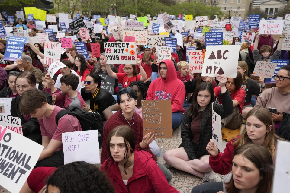 Students participate in the March for Our Lives anti gun violence protest outside the State Capitol in Nashville, Tenn., on Monday, April 3, 2023. (AP Photo/George Walker IV)