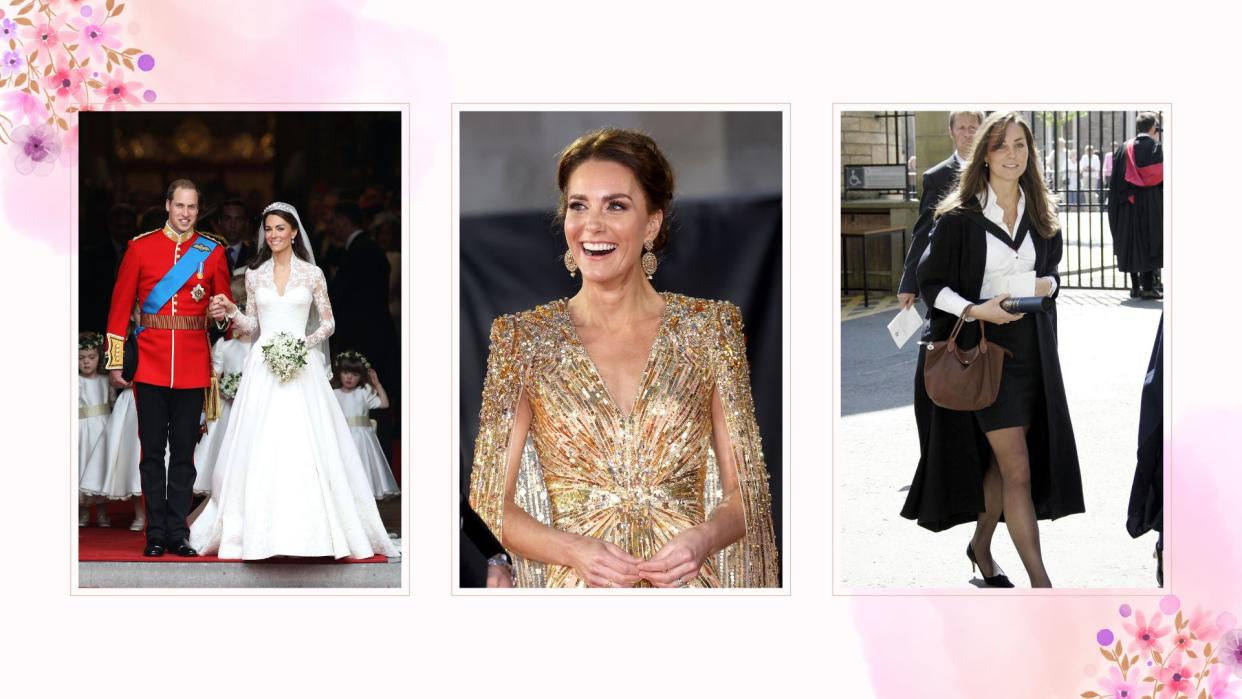  A selection of images of memorable Kate Middleton moments, on a pale pink background with pink floral graphics. 