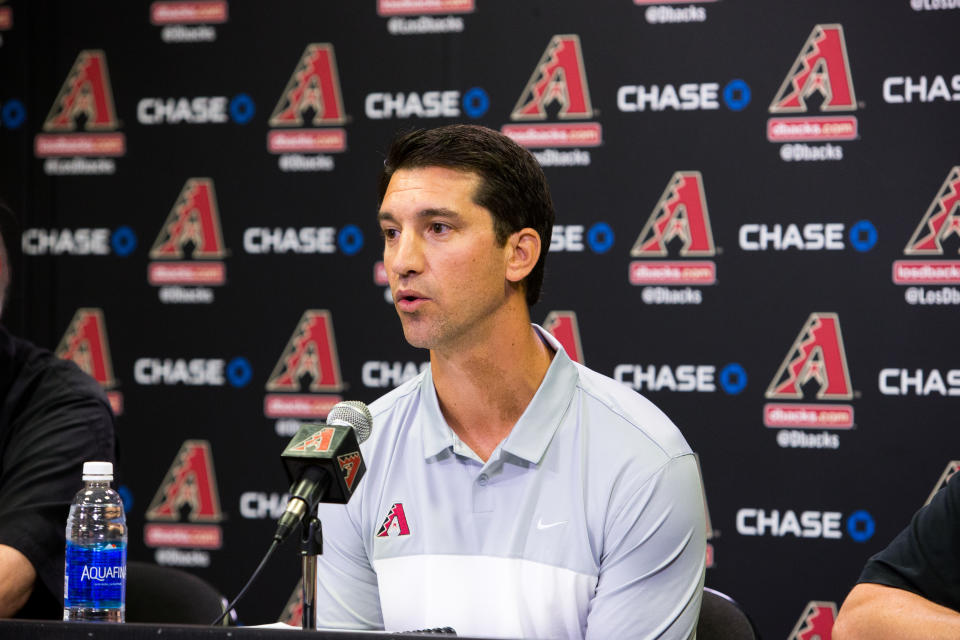 PHOENIX, AZ - OCTOBER 17: Arizona Diamondbacks General Manager, Mike Hazen, addresses the media during a press conference in regards to his new position on October 17, 2016 in Phoenix, Arizona. (Photo by Sarah Sachs/Arizona Diamondbacks/Getty Images)