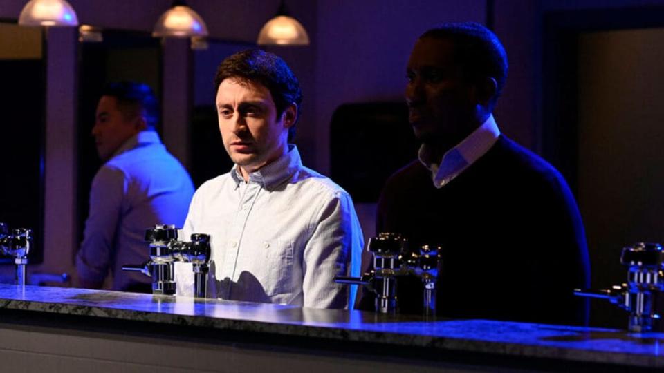 "Saturday Night Live" host Kieran Culkin, left, and Chris Redd during the "Men's Room" sketch on Saturday, Nov. 6, 2021.