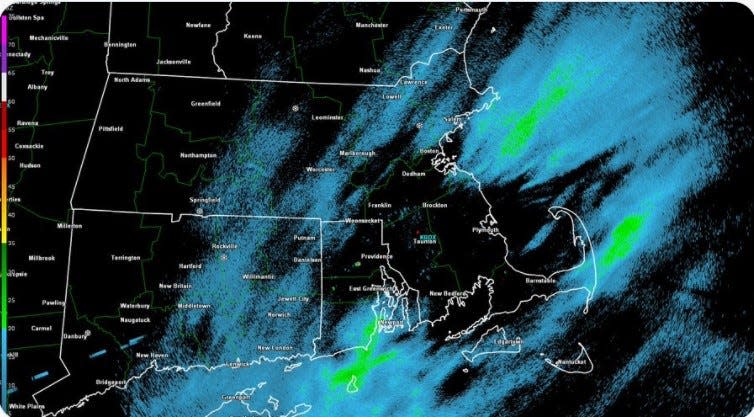 The National Weather Service tweeted a radar image Sunday night showing snow showers moving across Southern New England.