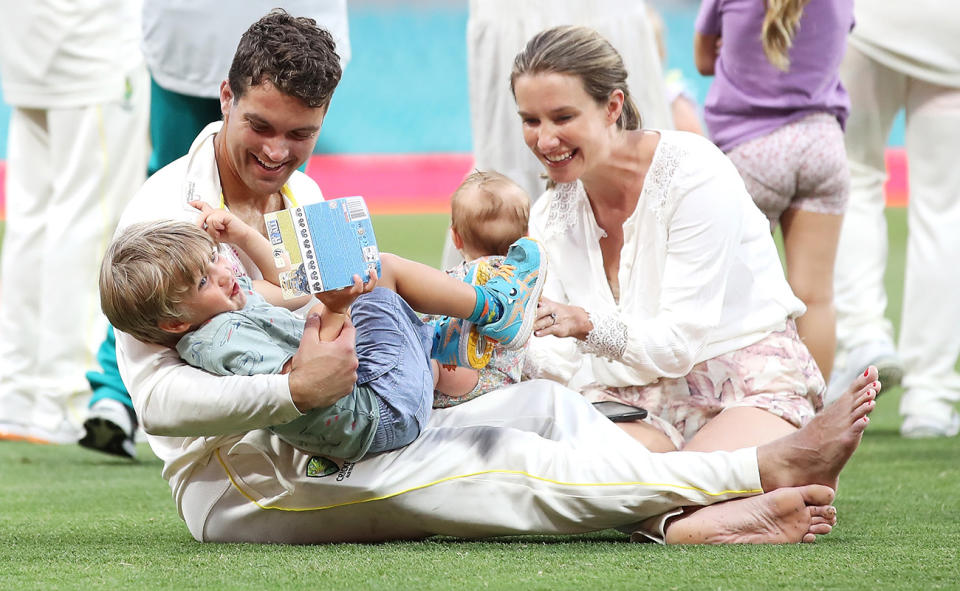 Alex Carey, pictured here with wife Eloise and their children.