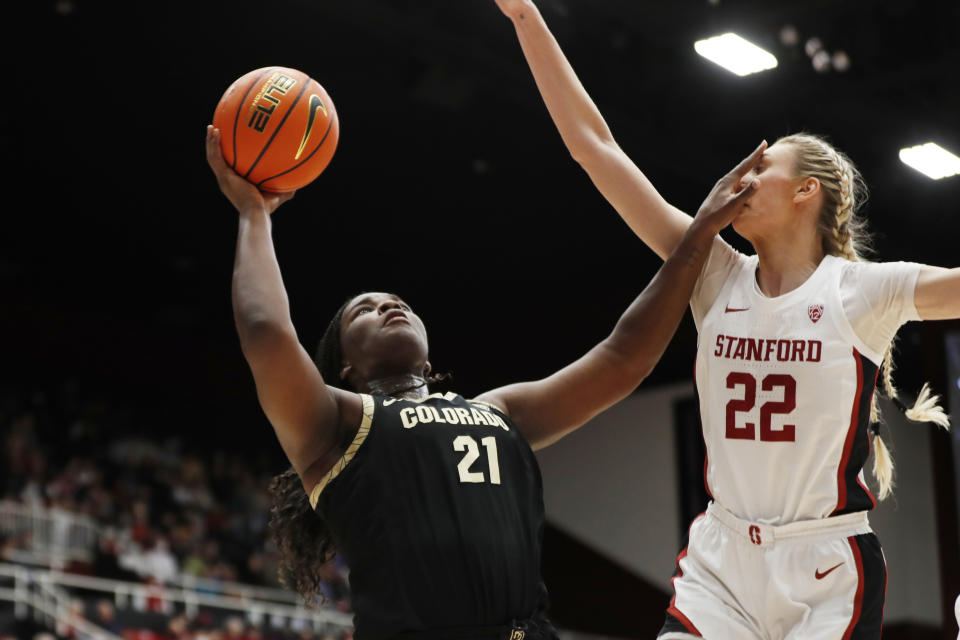 Colorado's Aaronette Vonleh (21) shoots against Stanford forward Cameron Brink (22) during the second quarter of an NCAA college basketball game in Stanford, Calif., Sunday, Jan. 22, 2023. (AP Photo/Jim Gensheimer)