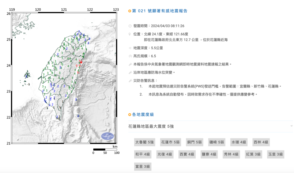 8點11分又發生芮氏規模6.5強震。（中央氣象署提供）