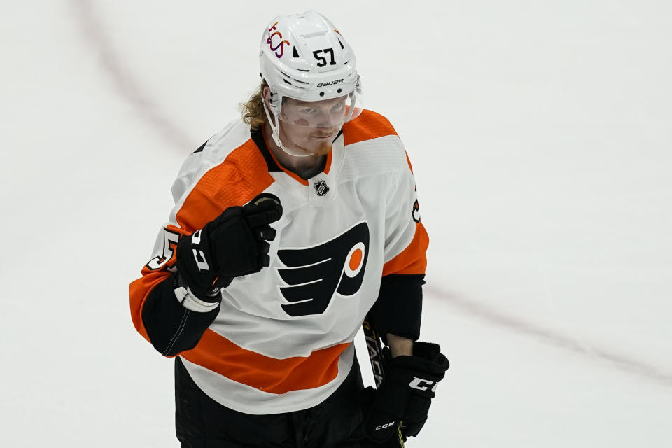 Philadelphia Flyers right wing Wade Allison (57) celebrates his goal during the second period of an NHL hockey game against the Washington Capitals, Friday, May 7, 2021, in Washington. (AP Photo/Alex Brandon)