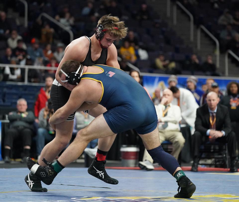 Bolivar-Richburg's Trent Sibble wrestles in the Division 2 285-pound championship match at the NYSPHSAA Wrestling Championships at MVP Arena in Albany, on Saturday, February 25, 2023.