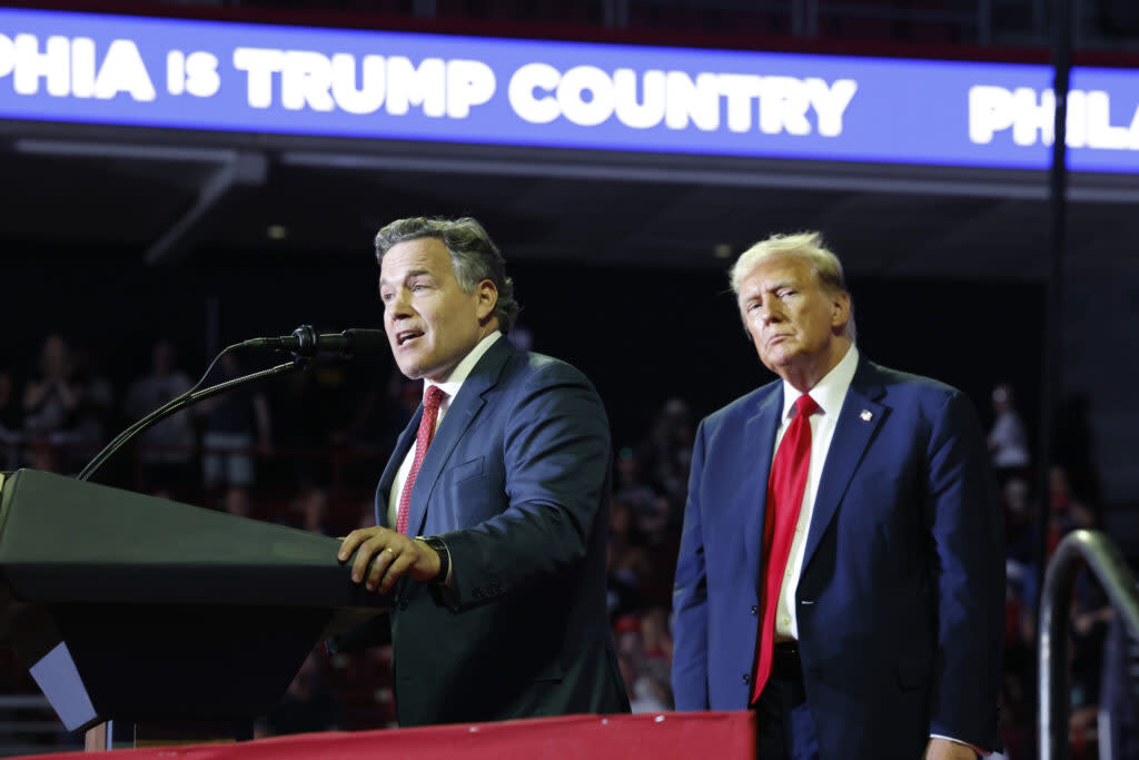 Dave McCormick, Republican U.S. Senate candidate from Pennsylvania, speaks alongside the Republican presidential candidate, former U.S. President Donald Trump, at a campaign rally at the Liacouras Center on June 22, 2024 in Philadelphia