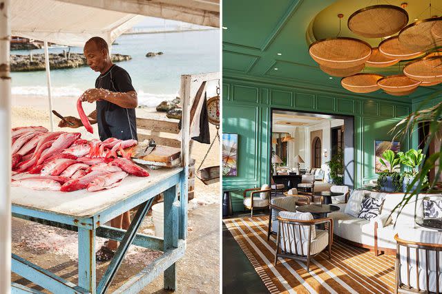 <p>Alpha Smoot</p> From left: A fishmonger sells red snapper at a beachside market in George Town; the Silver Palm lounge at the newly renovated Ritz- Carlton, Grand Cayman.