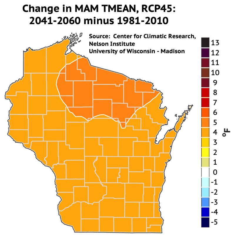 Projected change in spring average daily temperature from 1981-2010 to 2041-2060.