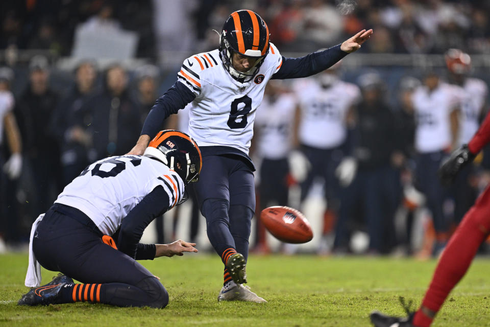 Dec 24, 2023; Chicago, Illinois, USA; Chicago Bears kicker Cairo Santos (8) kicks a 29-yard field goal in the second half against the Arizona Cardinals at Soldier Field. Mandatory Credit: Jamie Sabau-USA TODAY Sports