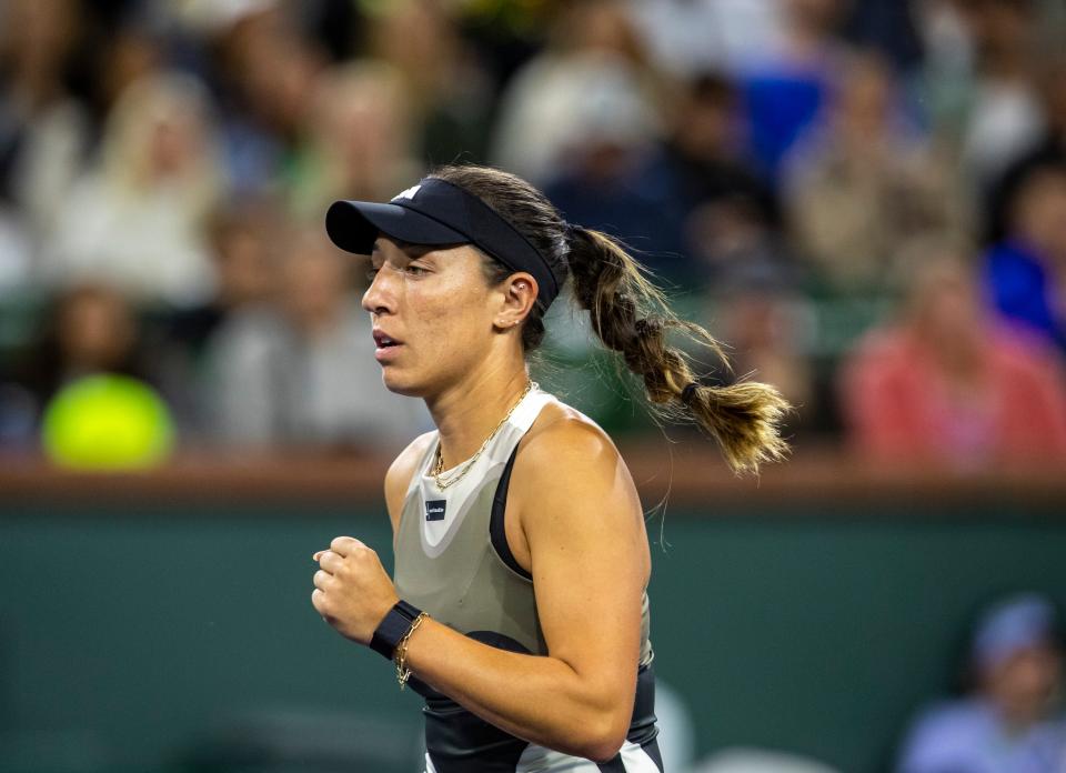 Jessica Pegula of the United States celebrates a point against Camila Giorgi of Italy during their second-round match of the BNP Paribas Open at the Indian Wells Tennis Garden in Indian Wells, Calif., Friday, March 10, 2023. 