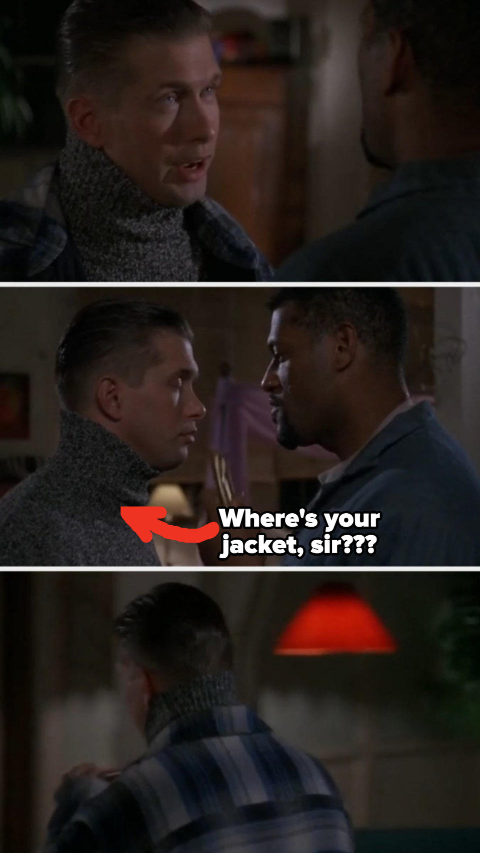 Stephen Baldwin wearing a jacket in one shot, not wearing it in the second shot, and then wearing it again in the third shot