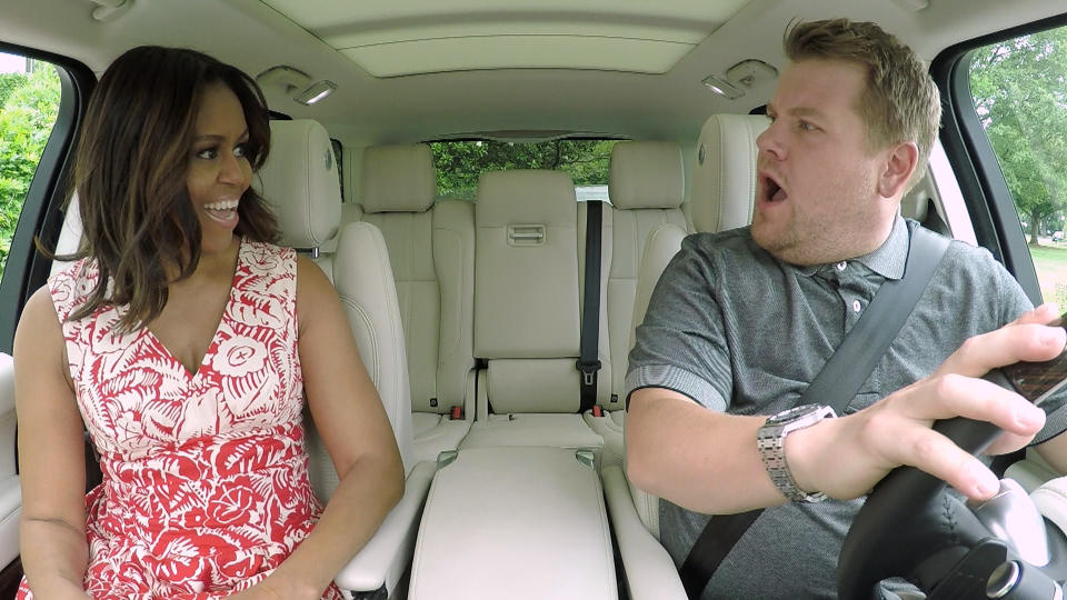 The First Lady Michelle Obama joins James Corden for Carpool Karaoke on "The Late Late Show with James Corden," Wednesday, July 20th 2016 (12:37-1:37 AM, ET/PT) on The CBS Television Network.  (Photo by CBS via Getty Images) 