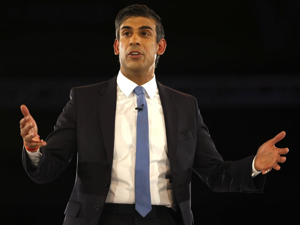 Conservative leadership hopeful Rishi Sunak speaks during the final Tory leadership hustings at Wembley Arena on August 31, 2022 in London, England.