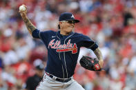 Atlanta Braves' Jesse Chavez throws during the first inning of a baseball game against the Cincinnati Reds in Cincinnati, Thursday, June 24, 2021. (AP Photo/Aaron Doster)