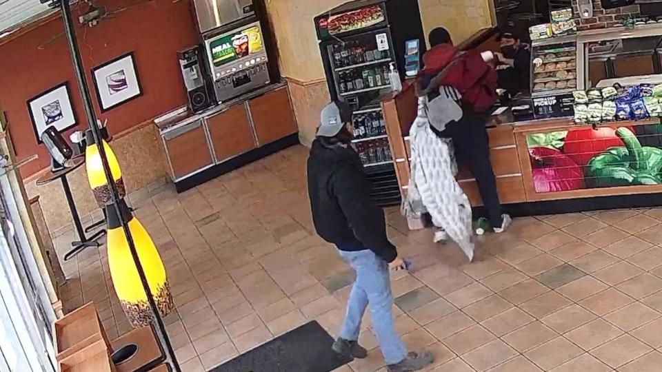 PHOTO: In this screen grab from surveillance video, Subway customer Gabriel Pitzulo takes down a man who allegedly attacked an employee, on March 22, 2024, in Indianapolis. (Obtained by ABC News)