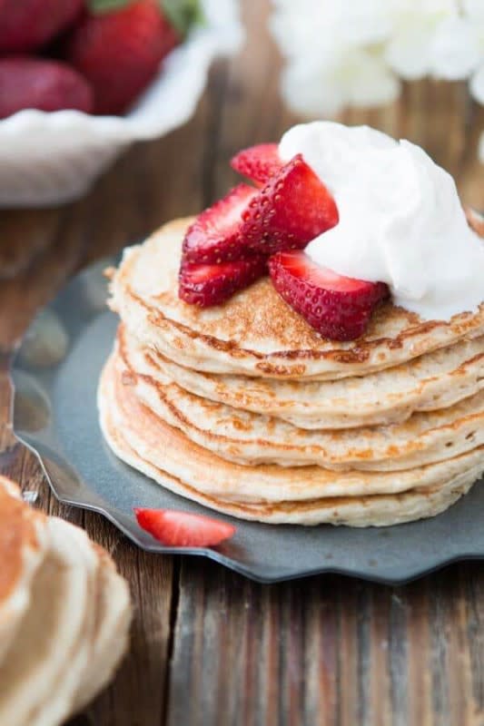 <p>Just try to limit yourself to a short stack of these irresistible pancakes.</p><p><strong>Get the recipe: <a href="https://ohsweetbasil.com/skinny-strawberry-shortcake-gluten-free-pancakes-recipe/" rel="nofollow noopener" target="_blank" data-ylk="slk:Strawberry Shortcake Gluten-Free Pancakes;elm:context_link;itc:0;sec:content-canvas" class="link ">Strawberry Shortcake Gluten-Free Pancakes</a></strong></p>