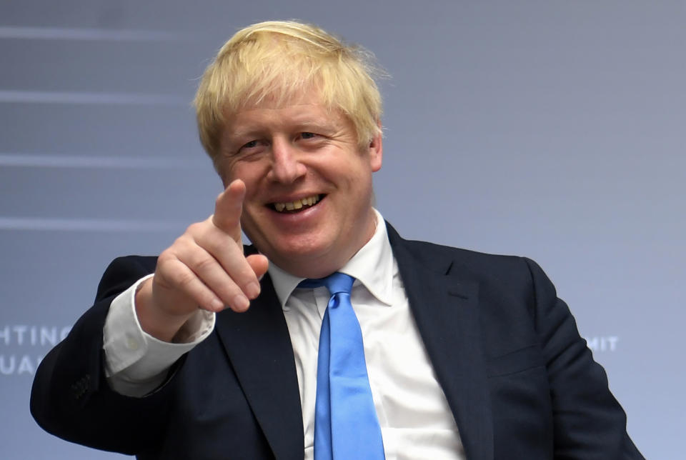 Britain's Prime Minister Boris Johnson gestures after a bilateral meeting with Japan's Prime Minister Shinzo Abe during the annual G7 summit in Biarritz, south-western France on August 26, 2019. (Photo by NEIL HALL / POOL / AFP)        (Photo credit should read NEIL HALL/AFP/Getty Images)