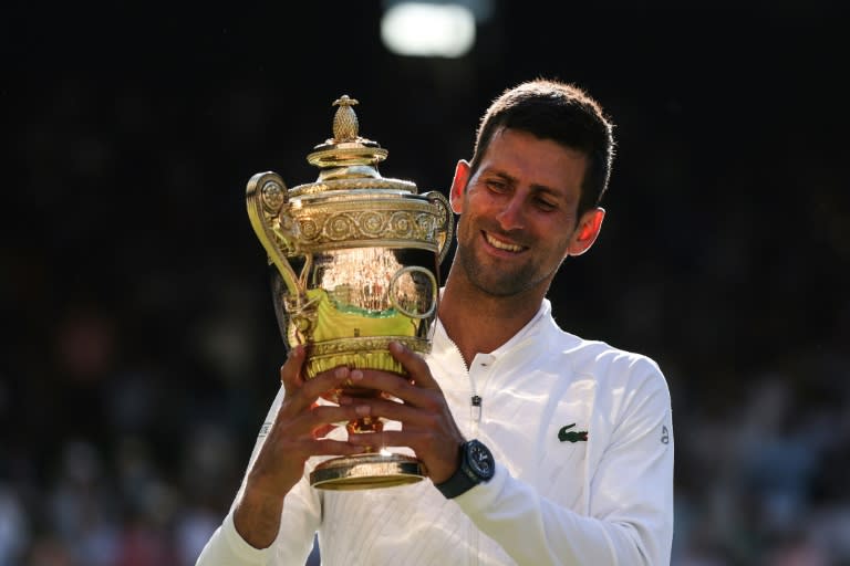 Seven-up: Novak Djokovic poses with his trophy after defeating Nick Kyrgios in the 2022 final for his seventh Wimbledon title (Adrian DENNIS)