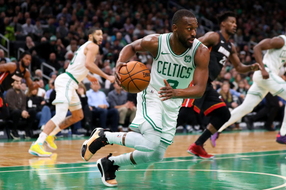 BOSTON, MASSACHUSETTS - DECEMBER 04: Kemba Walker #8 of the Boston Celtics dribbles downcourt after collecting a rebound during the first half of the game between the Boston Celtics and the Miami Heat at TD Garden on December 04, 2019 in Boston, Massachusetts. (Photo by Maddie Meyer/Getty Images)