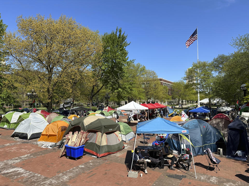 Dozens of tents were in place as part of a pro-Palestinian protest at the University of Michigan in Ann Arbor, Mich., on Thursday, May 2, 2024. The school said staff and volunteers have been trained to manage any disruptions that might occur at graduation at Michigan Stadium on May 4. (AP Photo/Ed White)