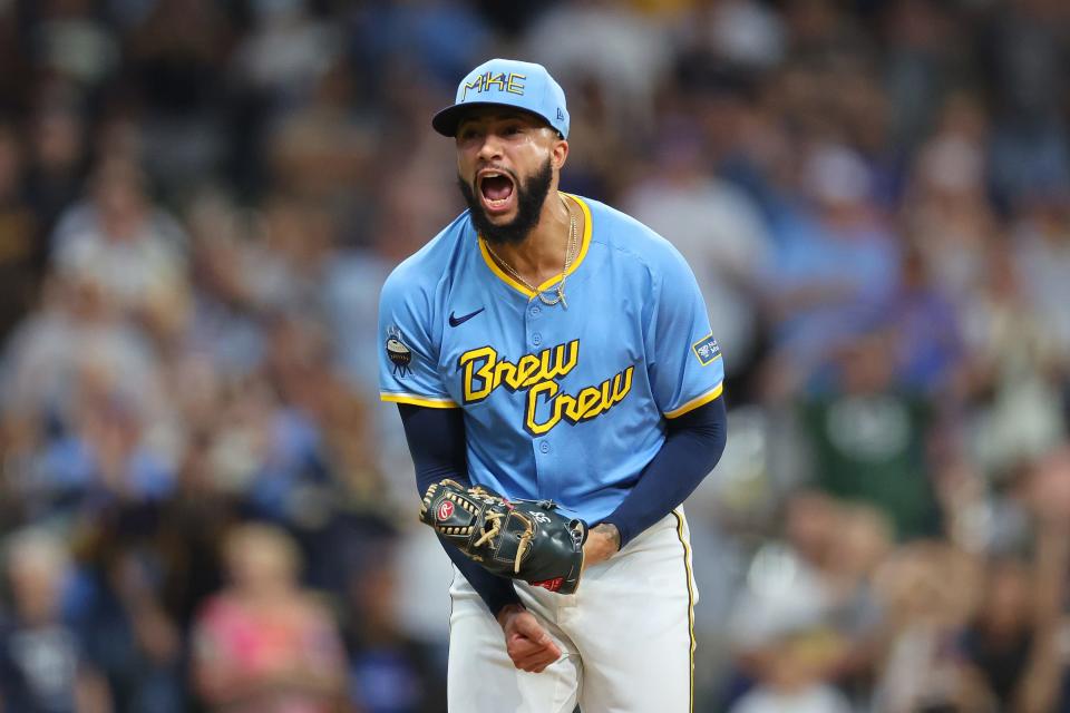 Closer Devin Williams reacts after striking out the Diamondbacks' Jose Herrera to close out the Brewers' comeback victory Sunday at American Family Field.