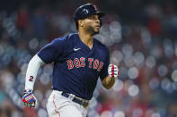 Boston Red Sox's Xander Bogaerts runs the bases after hitting home run during the sixth inning of the team's baseball game against the Philadelphia Phillies, Saturday, May 22, 2021, in Philadelphia. (AP Photo/Chris Szagola)