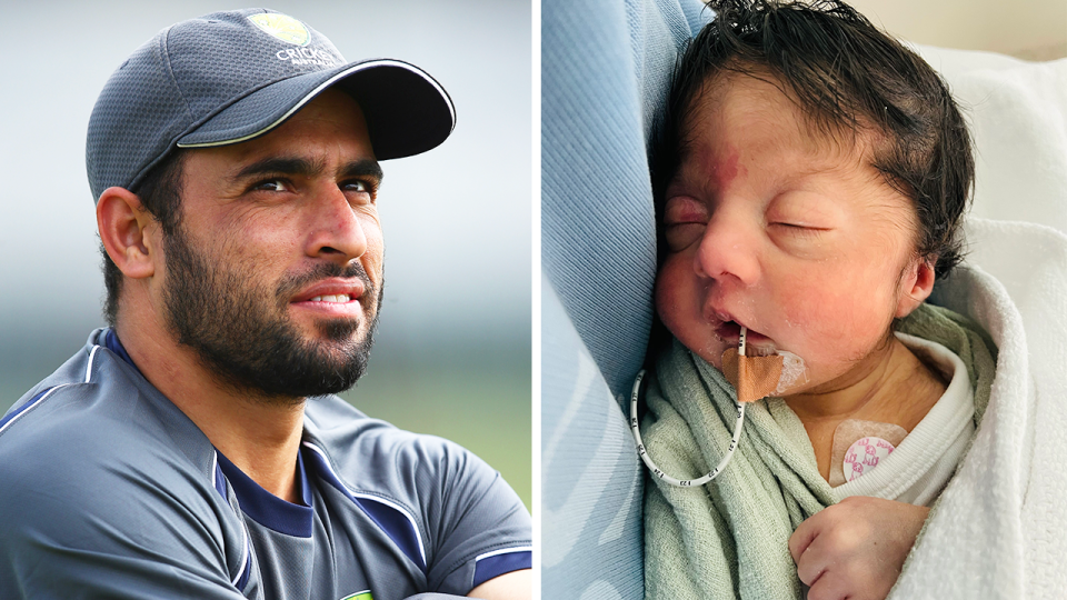 Fawad Ahmed during training and Ahmed's son.