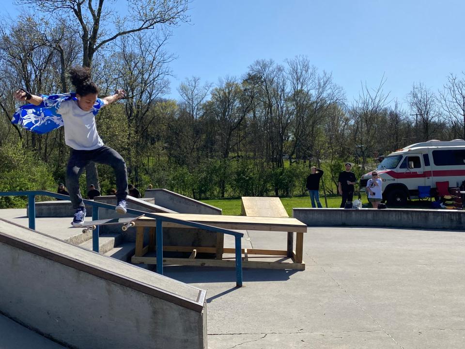 Skater Ulisses Gudiel attempts a trick during a skating competition at Fountain City Skate Park. Skating is a major part of Hux Jones' nonprofit Northstar Foundation. April 1, 2023.