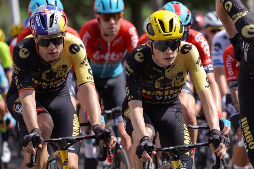 JumboVismas Danish rider Jonas Vingegaard R and JumboVismas Belgian rider Wout Van Aert L cycle with the pack of riders in Hendaye during the 3rd stage of the 110th edition of the Tour de France cycling race 1935 km between AmorebietaEtxano in Northern Spain and Bayonne in southwestern France on July 3 2023 Photo by Thomas SAMSON  AFP Photo by THOMAS SAMSONAFP via Getty Images