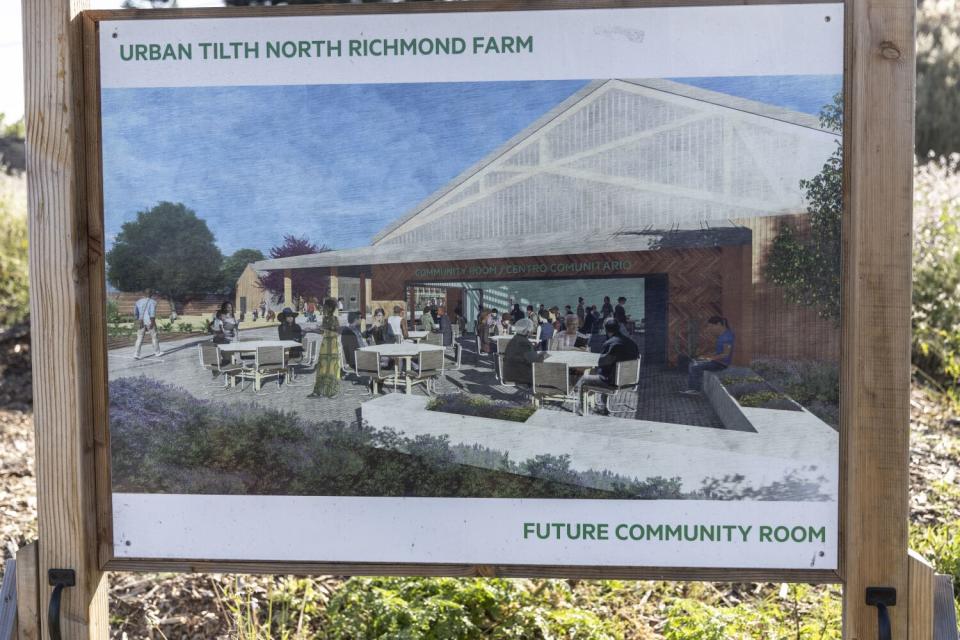 A wooden sign showing an artist's rendering of plans for Urban Tilth farm
