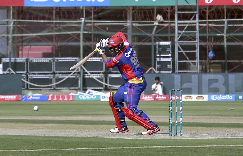 Karachi Kings batsman Sharjeel Khan plays a shot during the Pakistan Super League T20 cricket match against Quetta Gladiators at National Stadium in Karachi, Pakistan, Sunday, Feb. 23, 2020. (AP Photo/Fareed Khan)