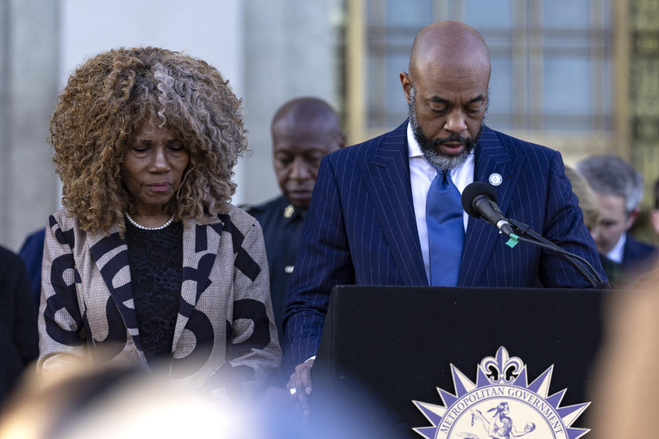 Representative Reverend Harold M. Love Jr. prays during a vigil held for victims of The Covenant School shooting on Wednesday, March 29, 2023, in Nashville, Tenn. (AP Photo/Wade Payne)