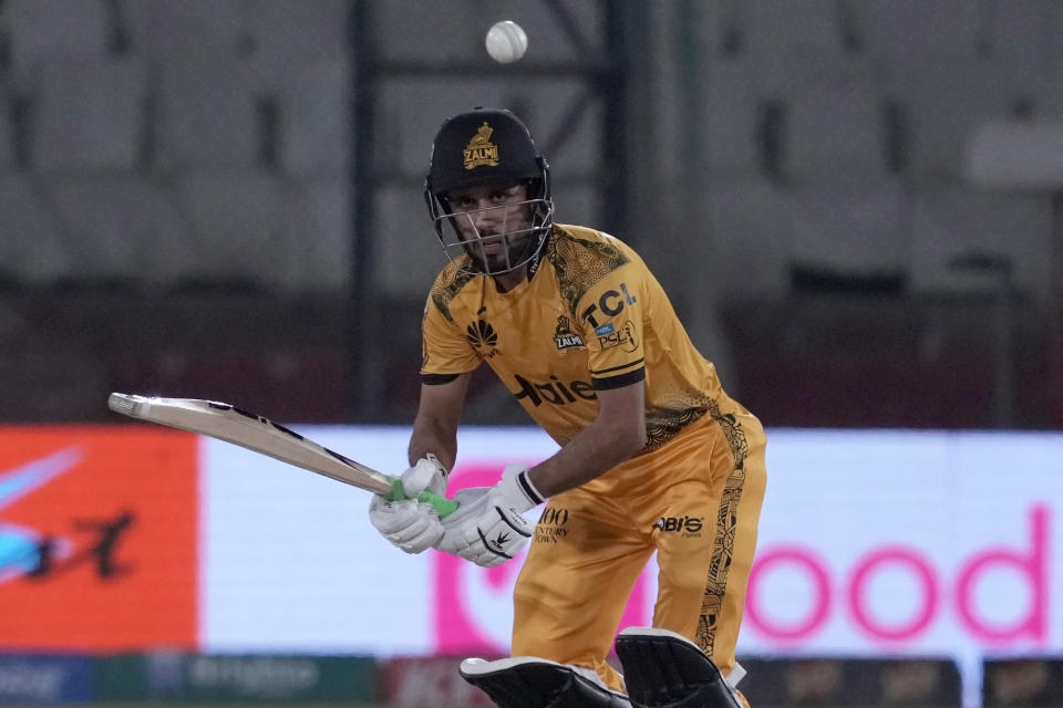 Peshawar Zalmi' Mohammad Haris plays a shot during the Pakistan Super League T20 cricket eliminator match between Islamabad United and Peshawar Zalmi, in Karachi, Pakistan, Saturday, March 16, 2024. (AP Photo/Fareed Khan)