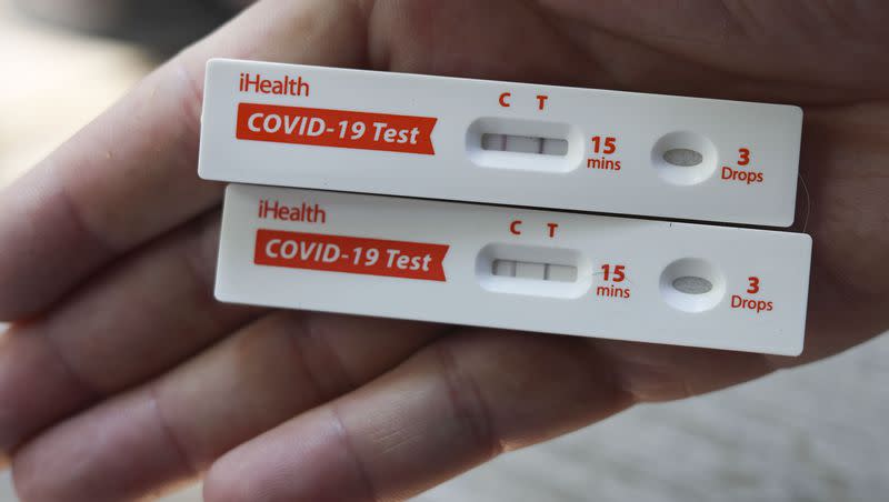 COVID-19 antigen rapid tests indicate positive results in Salt Lake City on Aug. 15, 2023. Officials say COVID-19 and other respiratory ailments are surging in the U.S.