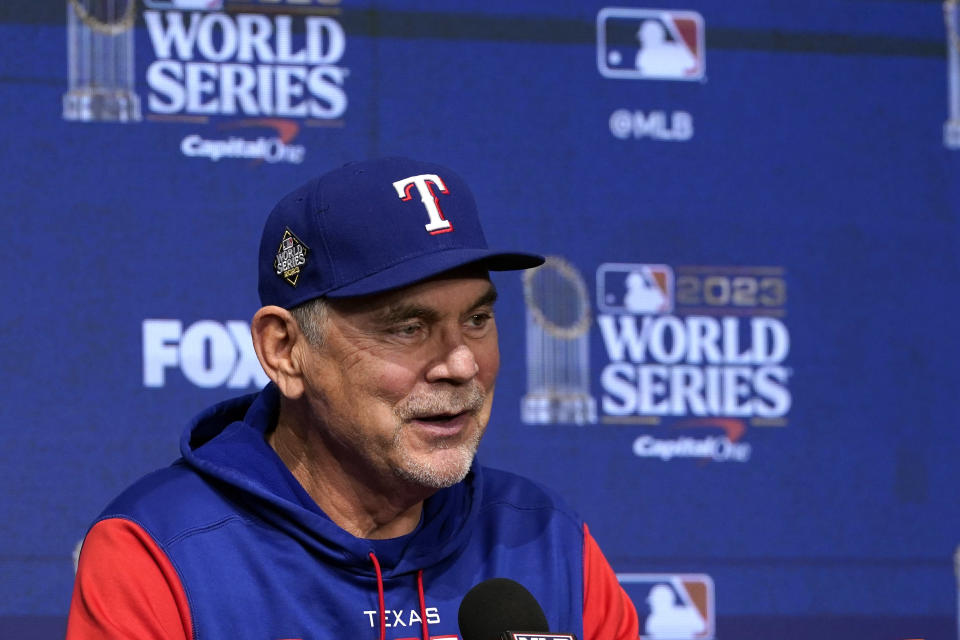 Texas Rangers manager Bruce Bochy answers a question during a World Series baseball media day news conference Thursday, Oct. 26, 2023, in Arlington, Texas. The Rangers will play the Arizona Diamondbacks in Game 1 of the World Series tomorrow. (AP Photo/Tony Gutierrez)