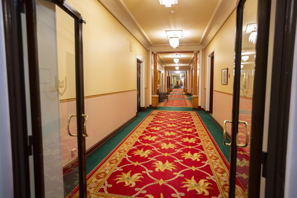 This photo taken on Thursday, Feb. 21, 2019, shows a corridor inside Moscow's iconic Metropol Hotel in Moscow, Russia. The Metropol, across the street from the Bolshoi Theater and 500 meters from Red Square, became a favorite with world leaders and celebrities. In 2009, U.S. President Barak Obama also gave a speech at the hotel. (AP Photo/Alexander Zemlianichenko)