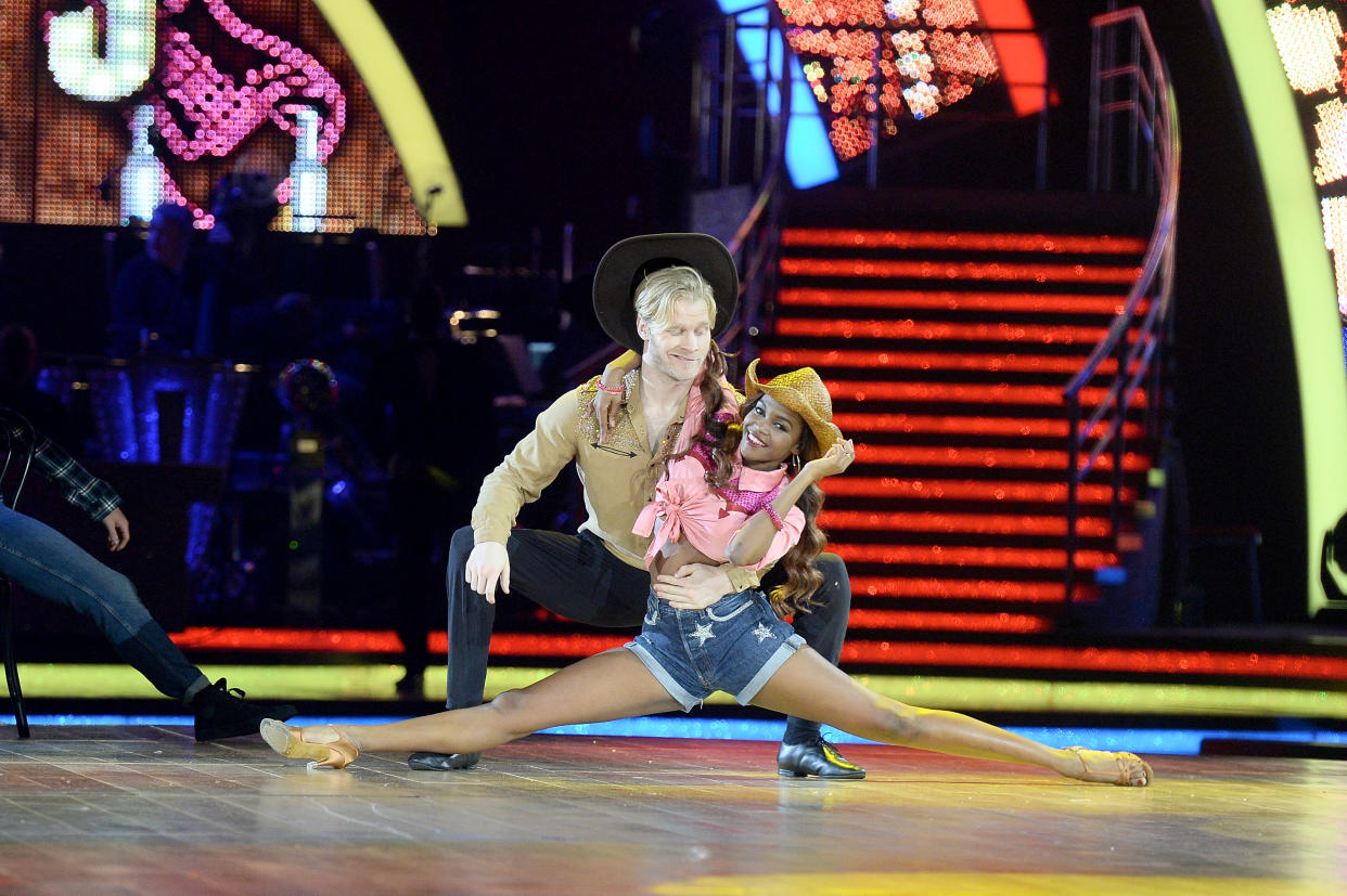 Jonnie Peacock (L) and Oti Mabuse attend the 'Strictly Come Dancing' Live! dress rehearsal at Arena Birmingham, on January 18, 2018 in Birmingham, England. Ahead of the opening on 19th January 2018, touring the United Kingdom until 11th February 2018.  (Photo by Dave J Hogan/Dave J Hogan/Getty Images)