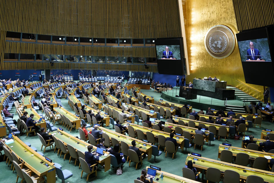 Russian Foreign Minister Sergey Lavrov addresses the 78th session of the United Nations General Assembly, Saturday, Sept. 23, 2023 at United Nations headquarters. (AP Photo/Mary Altaffer)