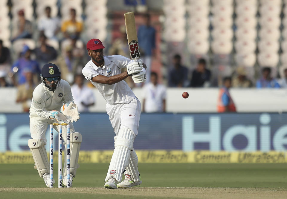 West Indies cricketer Roston Chase bats during the first day of the second cricket test match between India and West Indies in Hyderabad, India, Friday, Oct. 12, 2018. (AP Photo/Mahesh Kumar A.)