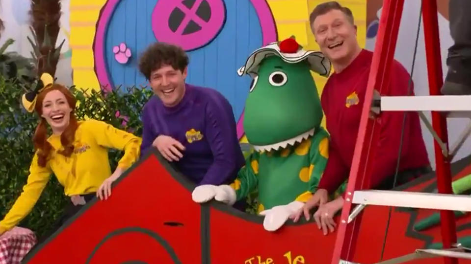 The Wiggles members Purple Wiggle Lachlan Gillespie, Yellow Wiggle Emma Watkins and Red Wiggle Simon Pryce on The Project