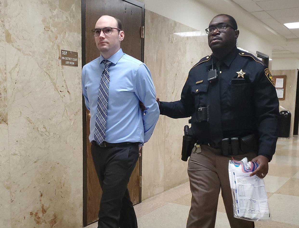 Alexander May is escorted Tuesday out of the 140th District Court  to begin serving part of this 6-month shock jail time sentence after jurors put him on probation after finding him gilty of manslaughter in the 2017 drunken driving crash that killed 18-year-old Jonathan Pesqueda.