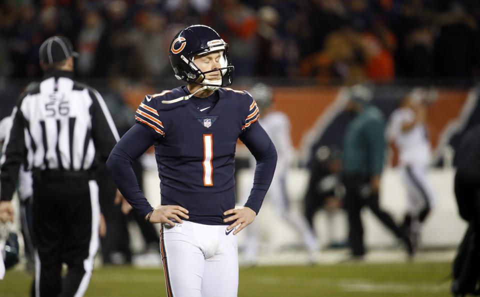 Bears kicker Cody Parkey walks off after missing a potential game-winning field goal in the final seconds against the Eagles on Sunday at Soldier Field in Chicago. (Brian Cassella/Chicago Tribune/Getty Images)