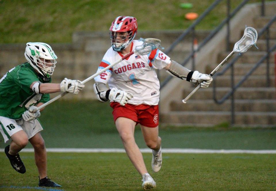 Charlotte Catholic’s, #1. Jack Ransom, a Georgetown recruit, is a standout player for the Cougars. He recently scored seven goals against Myers Park. The teams battled on Monday, April 8, 2024.