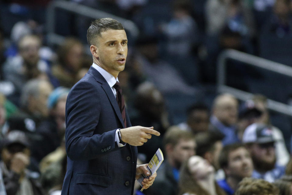 Minnesota Timberwolves head coach Ryan Saunders directs his team against the Charlotte Hornets in the first half of an NBA basketball game in Charlotte, N.C., Thursday, March 21, 2019. Charlotte won 113-106. (AP Photo/Nell Redmond)