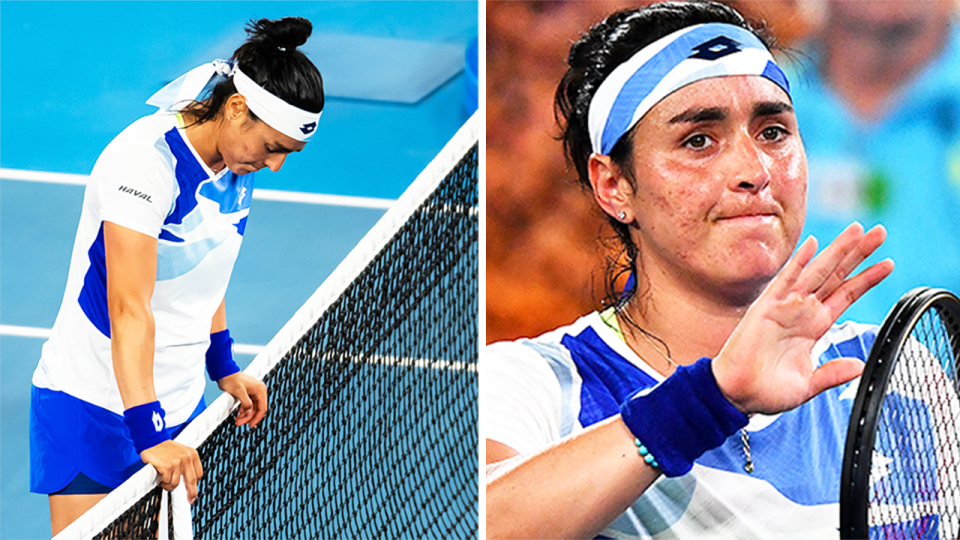 Ons Jabeur (pictured left) upset at the net and (pictured right) Jabeur thanks the Australian Open crowd.