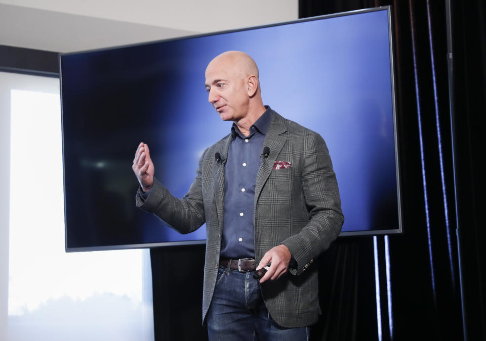 Amazon CEO Jeff Bezos answers questions during his news conference at the National Press Club in Washington, Thursday, Sept. 19, 2019. Bezos announced the Climate Pledge, setting a goal to meet the Paris Agreement 10 years early. (AP Photo/Pablo Martinez Monsivais)