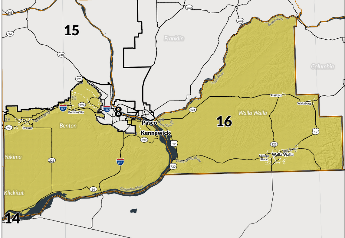 The Washington Legislative District 16 map, approved April 2022.